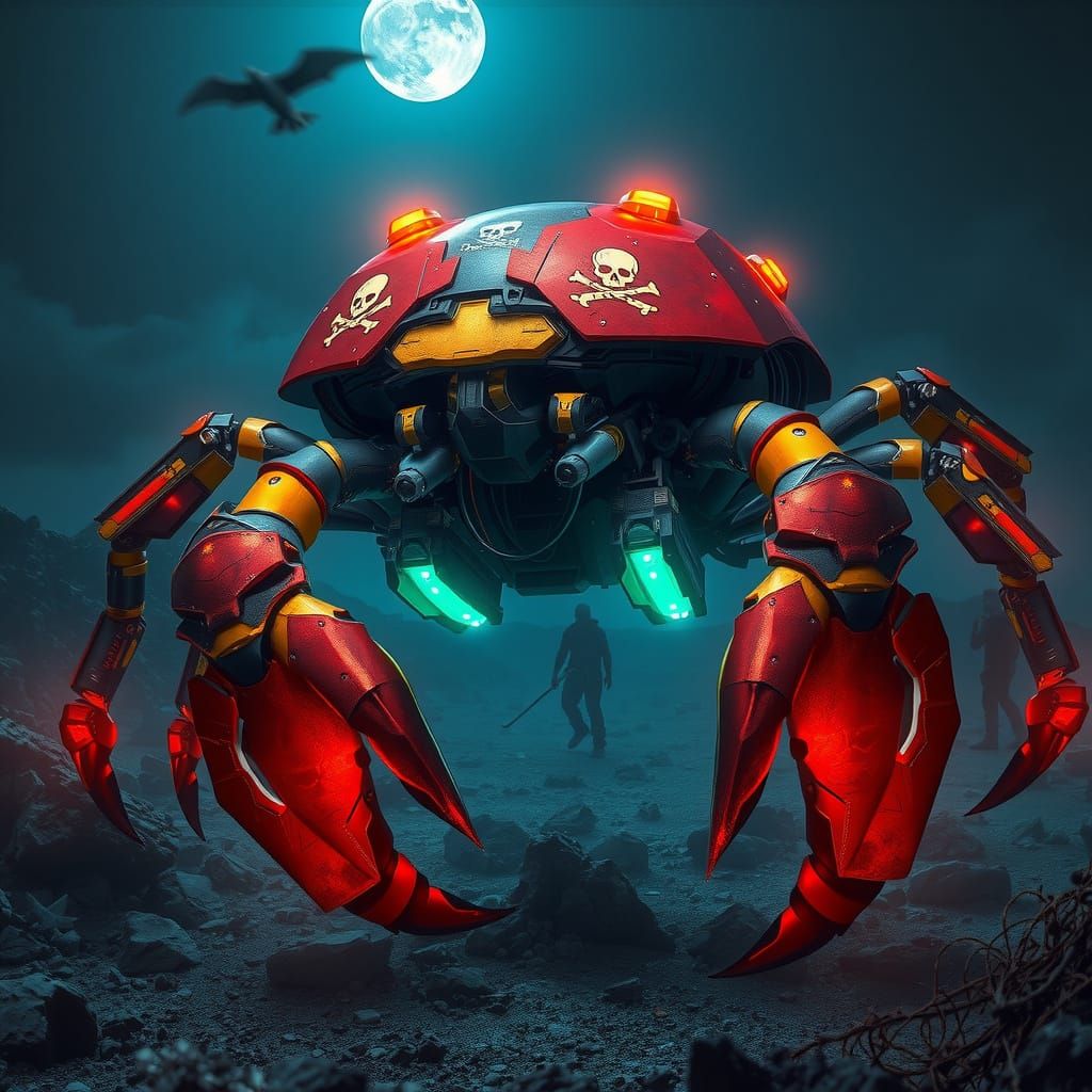 Colossal Cyberpunk Mechanical Crab Striding Seabed