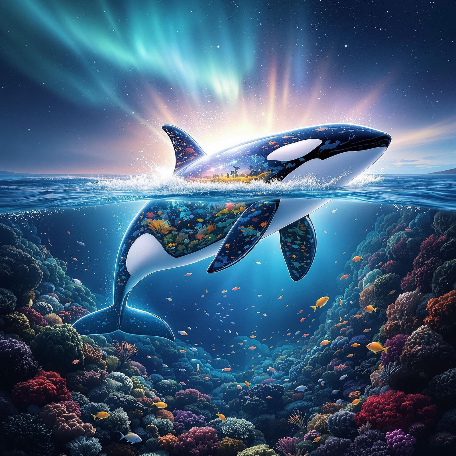 Dreamlike Orca Whale Breaches Ocean's Surface in Ethereal Li...