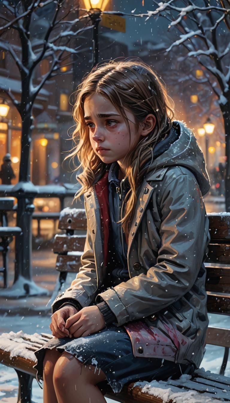 Sad Girl on Bench at Night in Snow
