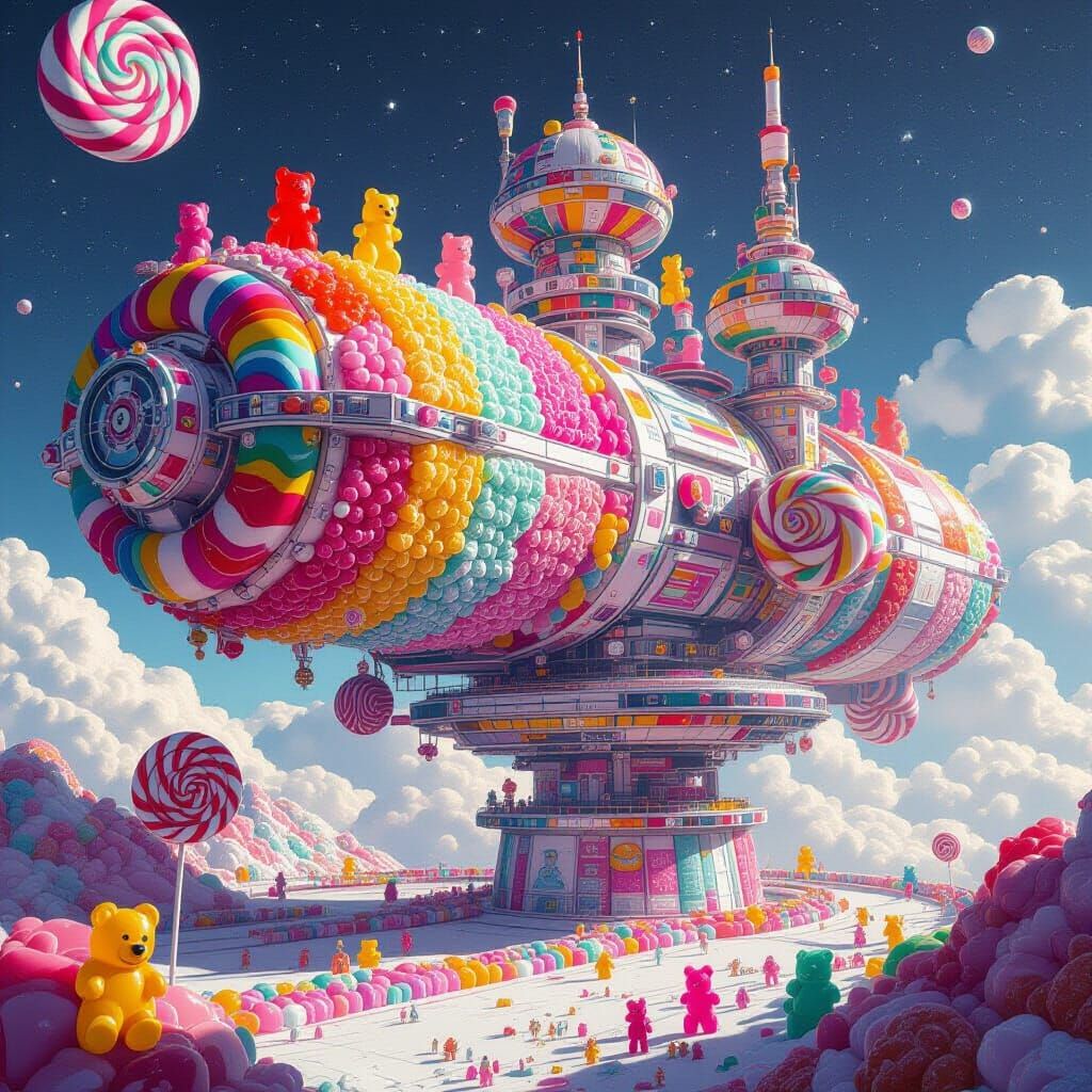 Gigantic Candy Space Station in Hyper-Realistic Style
