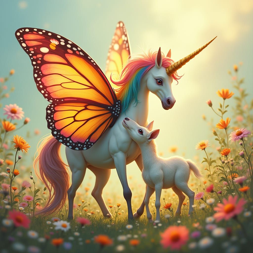 Whimsical Rainbow Unicorn Cuddles Winged Goat in Vibrant Flo...