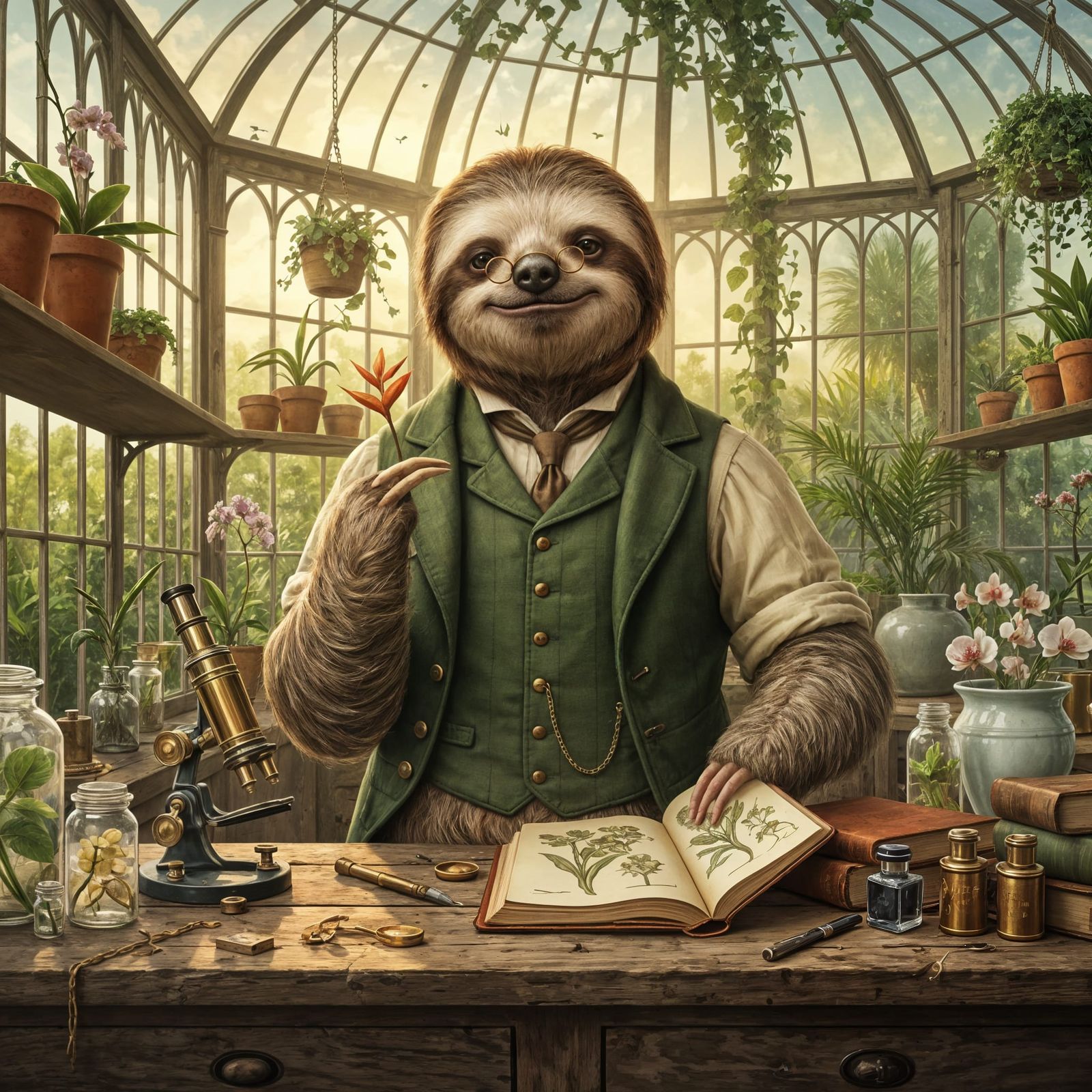 Anthropomorphic Sloth Scientist in Conservatory Oil Painting