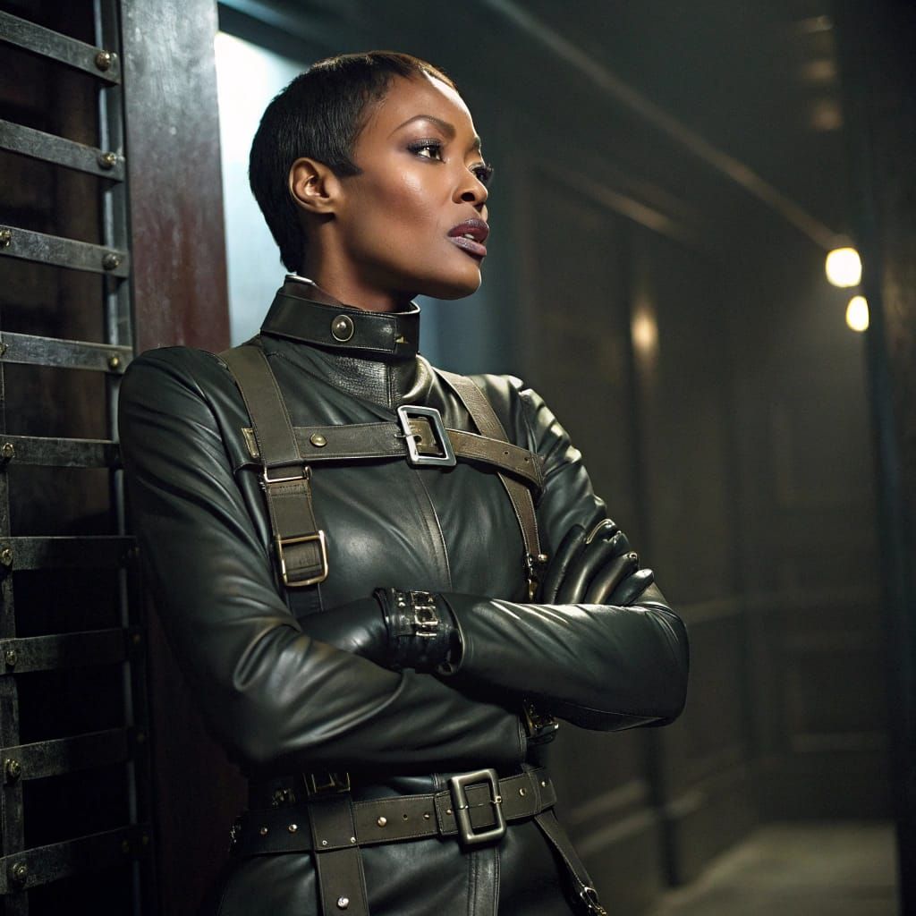 Naomi Campbell Trapped in Futuristic Straitjacket within Dim...