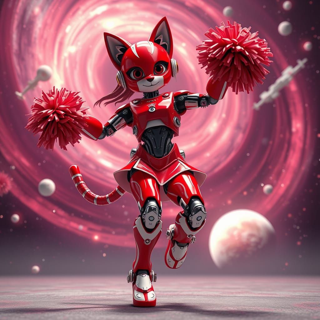 Futuristic Robot Cheerleader Soars Through a Starry Galaxy