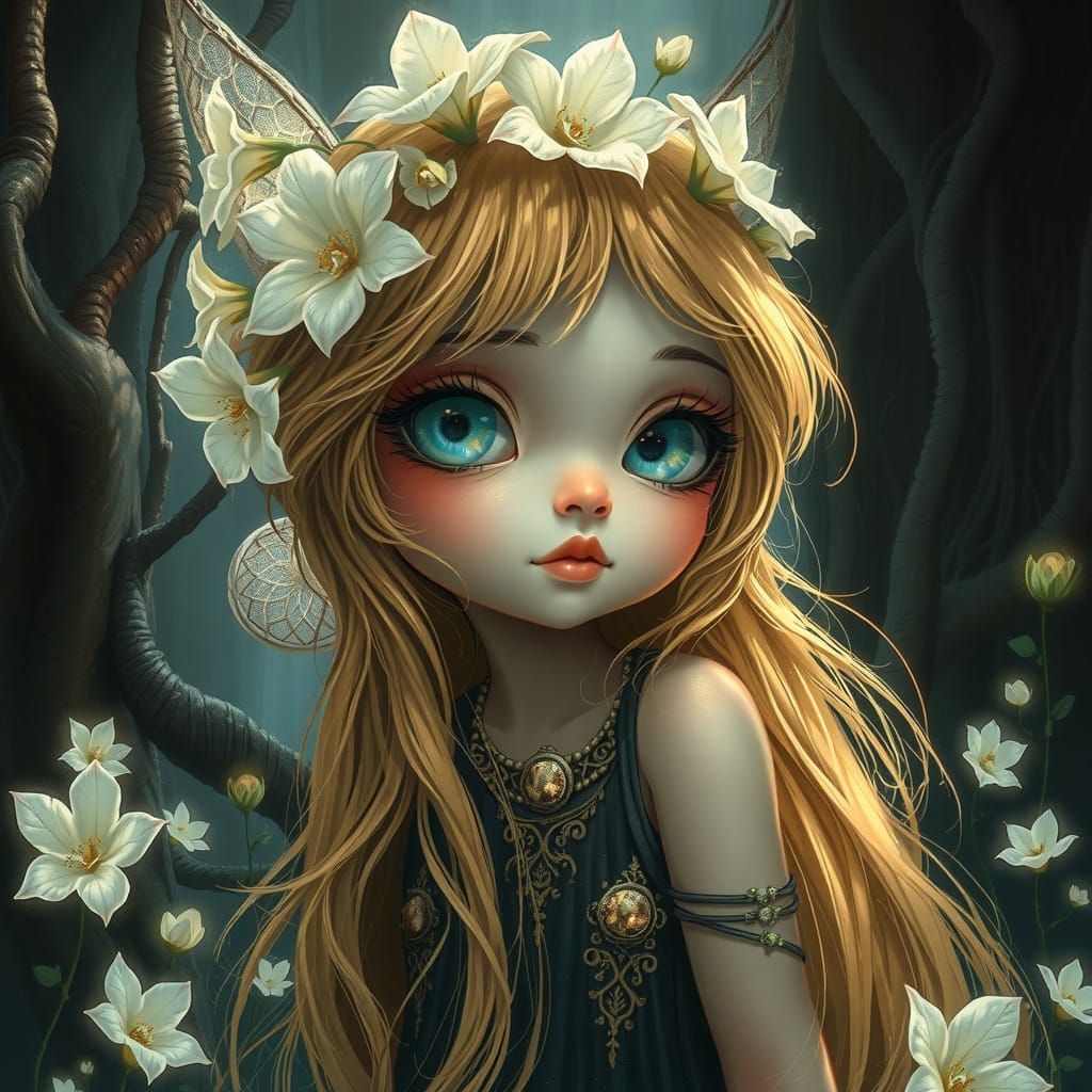 Enchanted Pixie Girl in Whimsical Dark Forest Scene