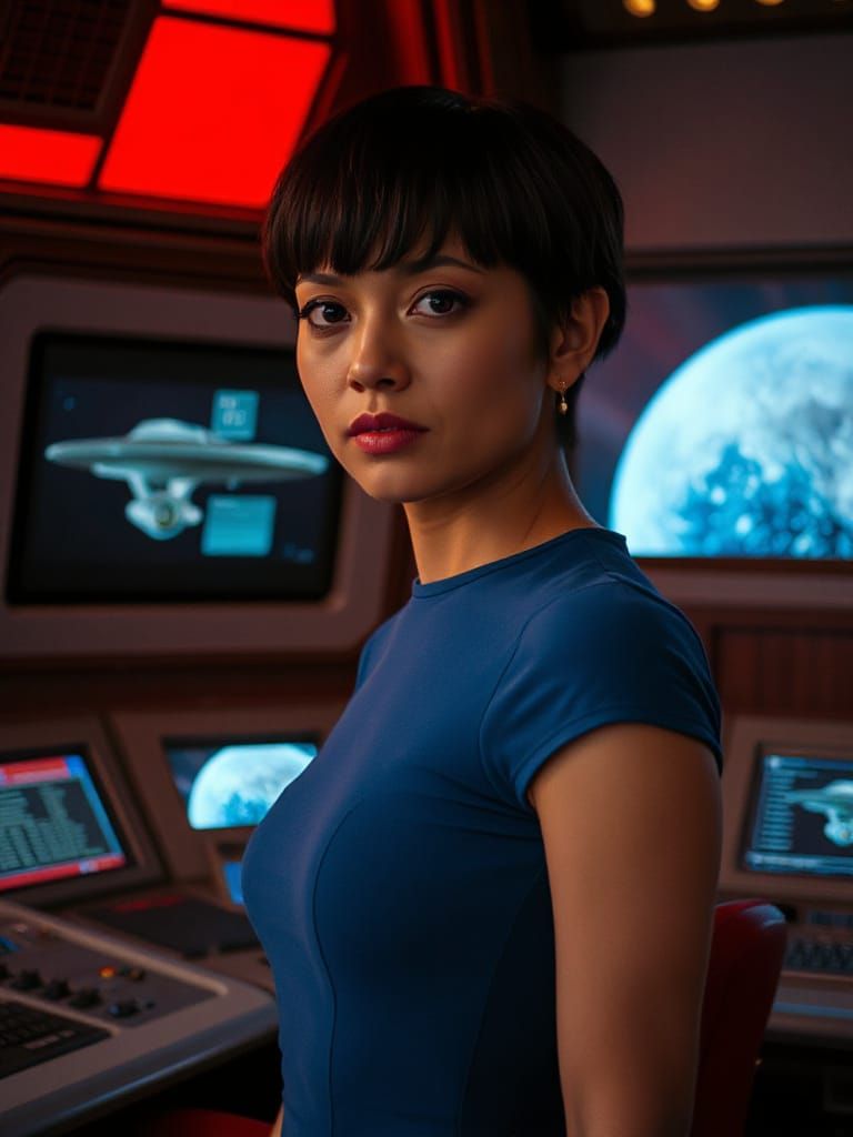 Ethereal Sci-Fi Actress in Retro Control Room