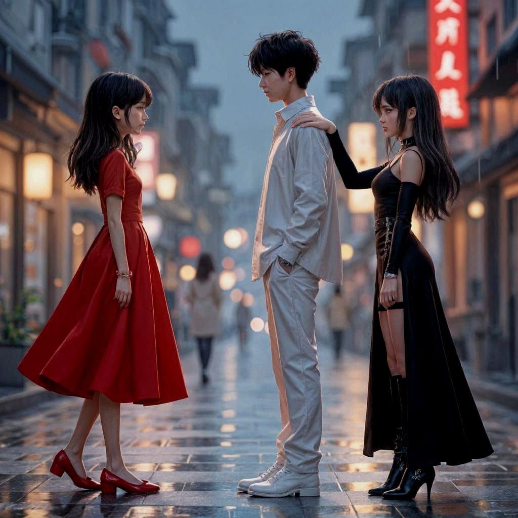 Urban Anime Girls Confrontation in Rain