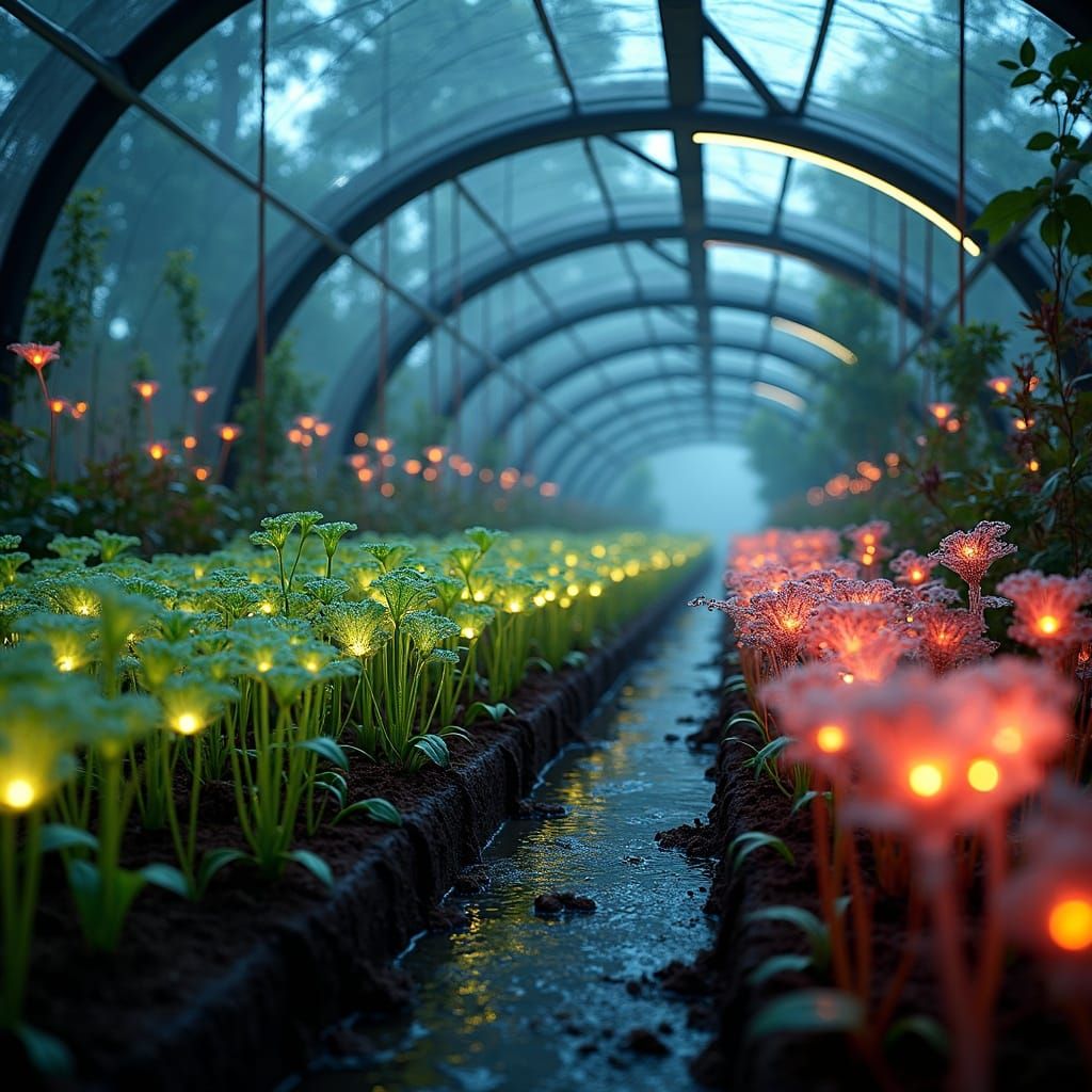 Martian Greenhouse With Glowing Alien Crops