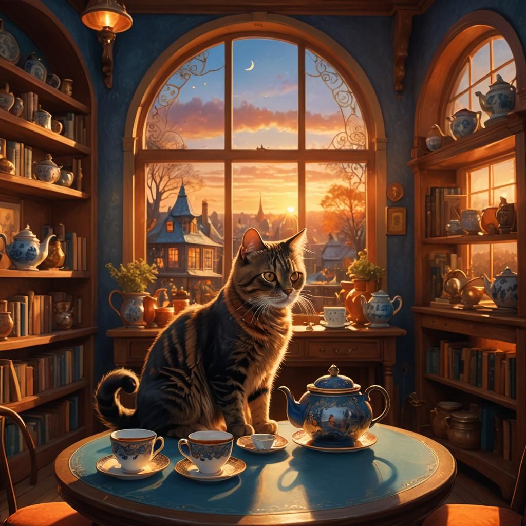 Cat Nap in Sunset Tearoom: Matte Painting Style