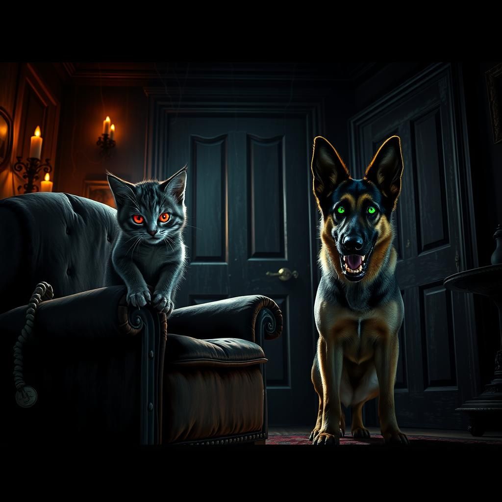 Sinister Kitten Guarded in Haunted Gothic Living Room
