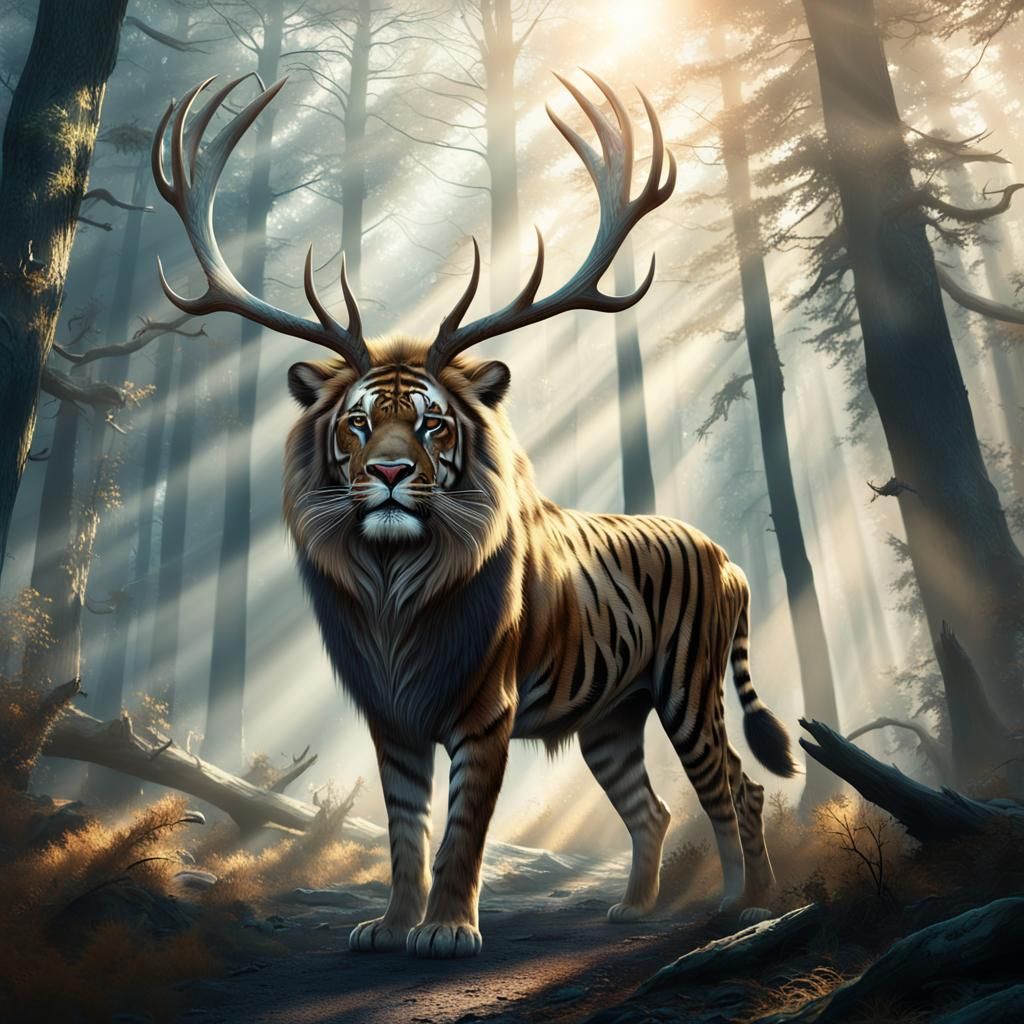 Majestic Alien Creature Roams Misty Forest in Maximalist Art...