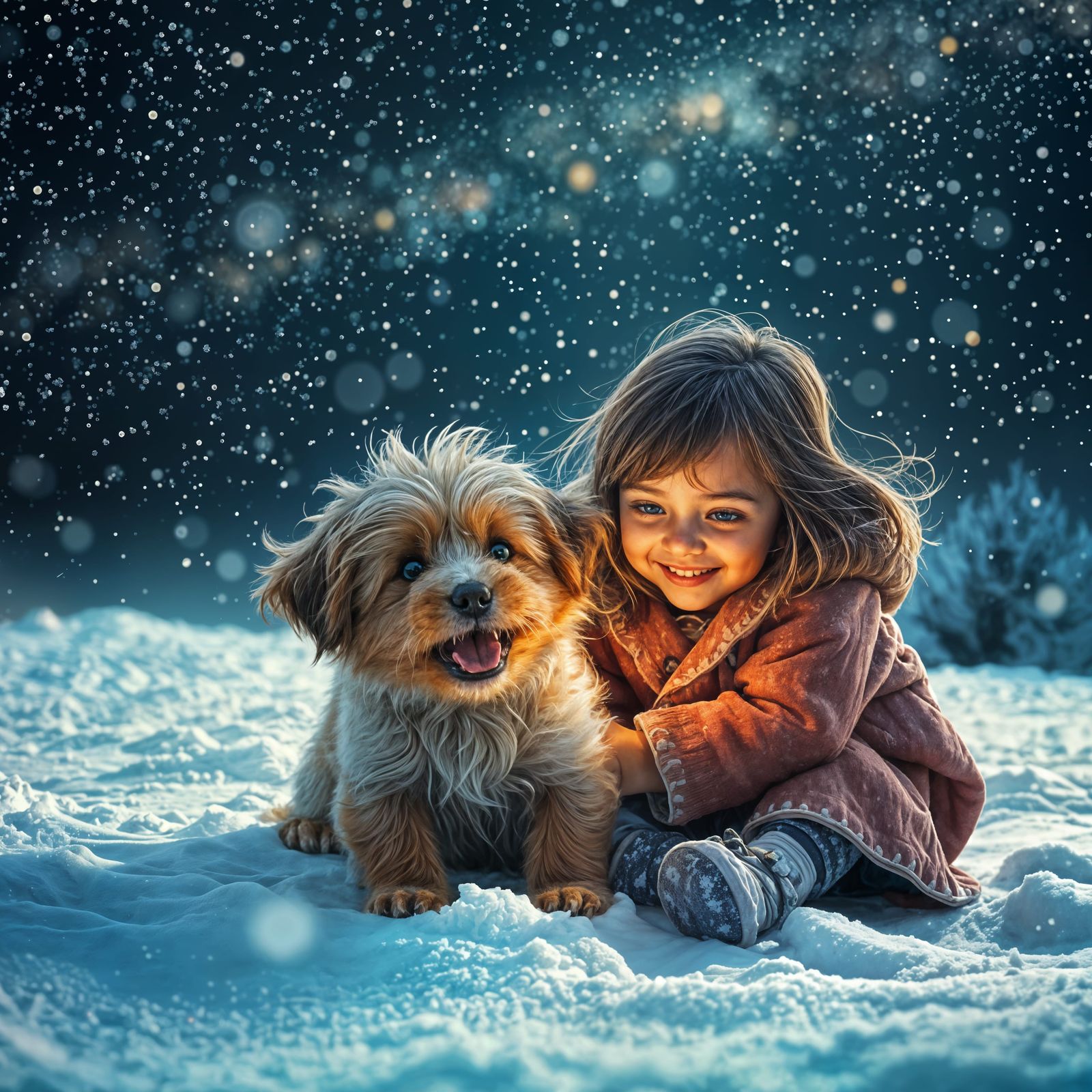 Whimsical Girl Plays with Puppy in Snowy Dreamscape