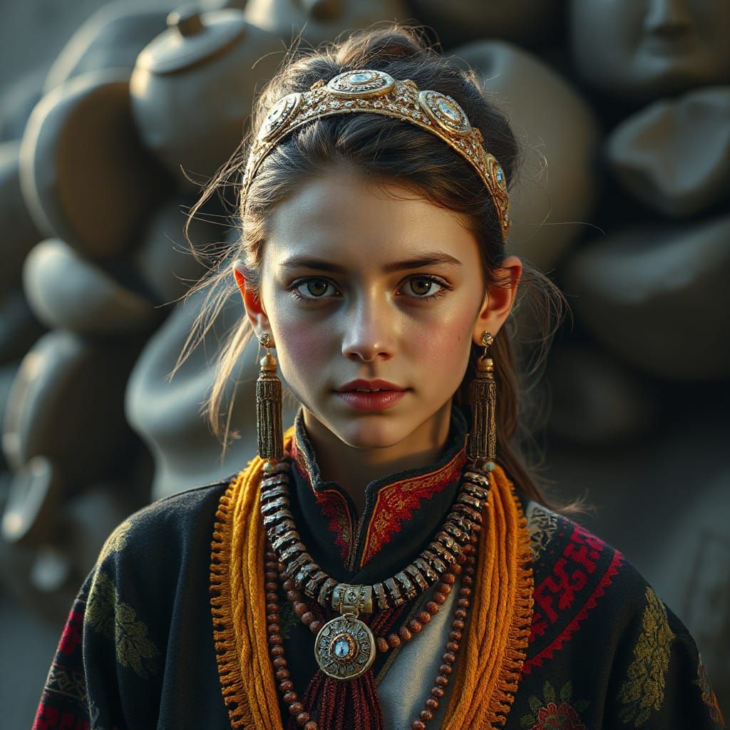 Teenager in Ornate Clothing with Ancient Jewelry