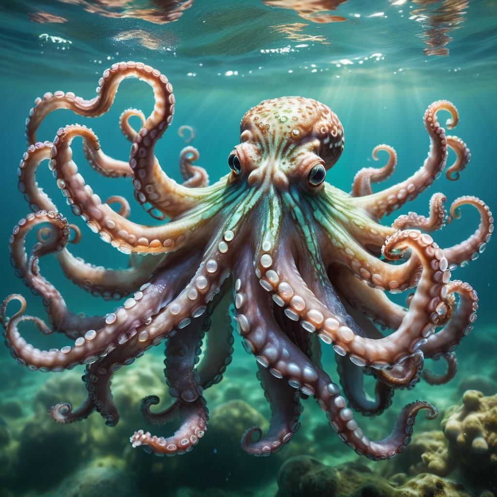 Hyperrealistic Octopus Swims in Crystalline Ocean