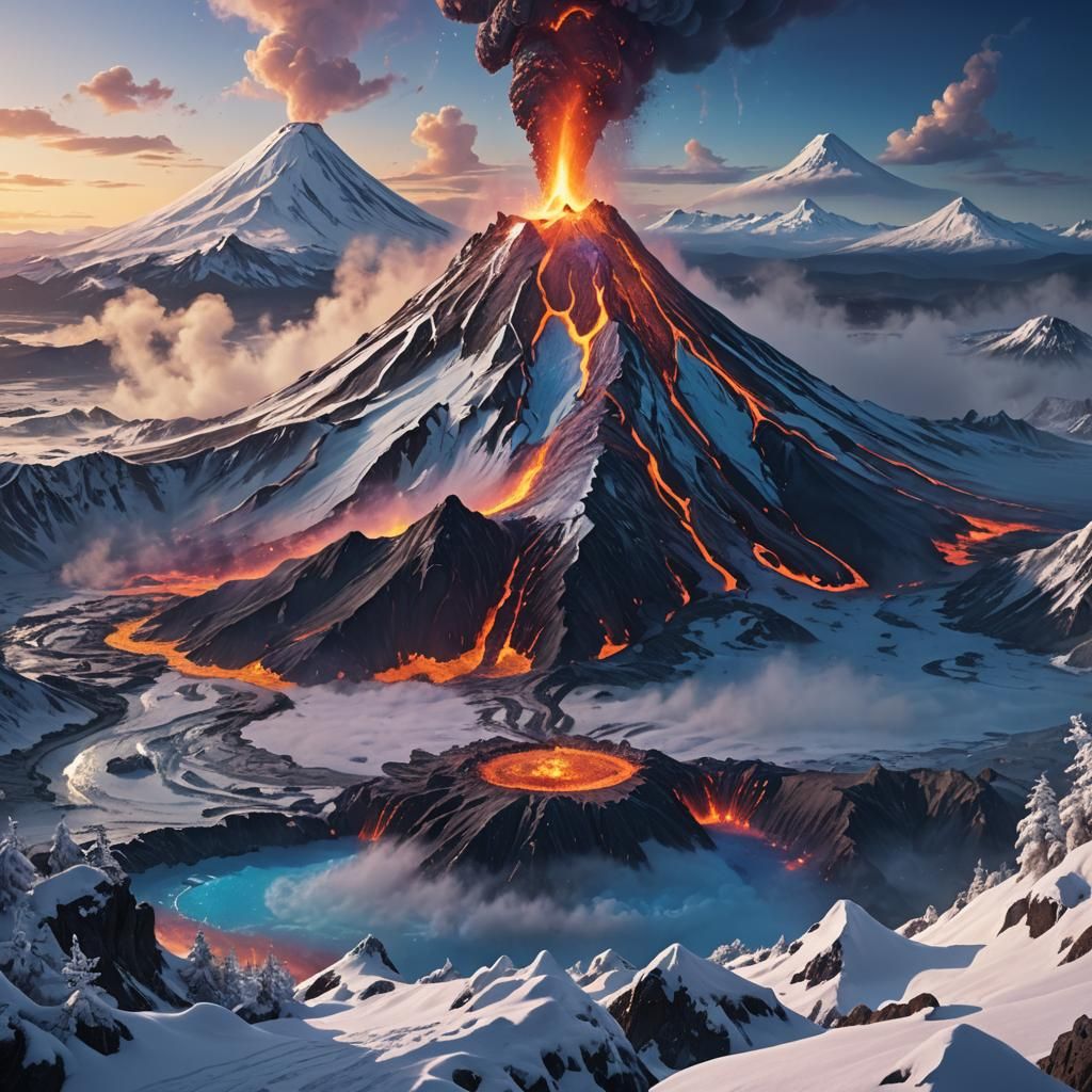 Volcano Surrounded by Winter Wonderland: Matte Painting
