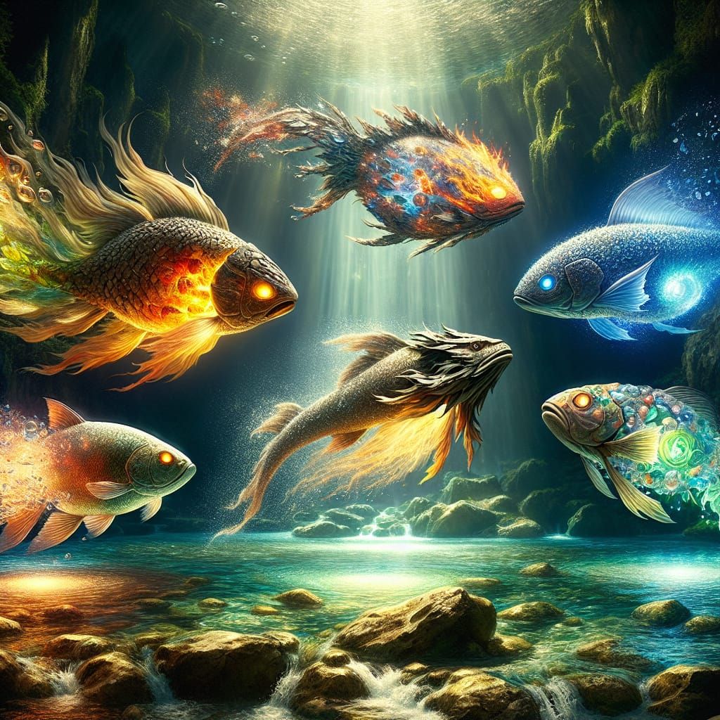 An extraordinary scene of five incredible fish, each embodyi...