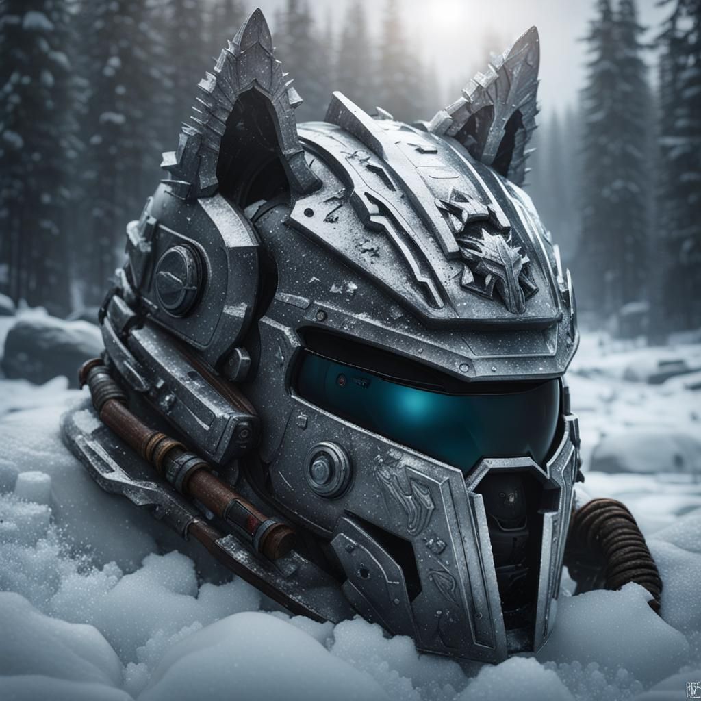 Metallic Wolf Helmet in Frozen Winter Landscape