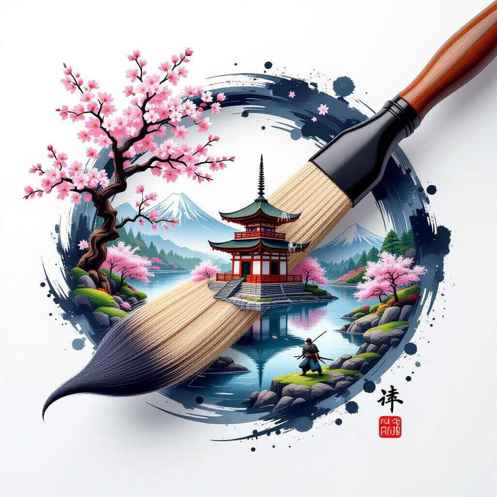 Japanese Landscape Inside Calligraphy Brush in 3D