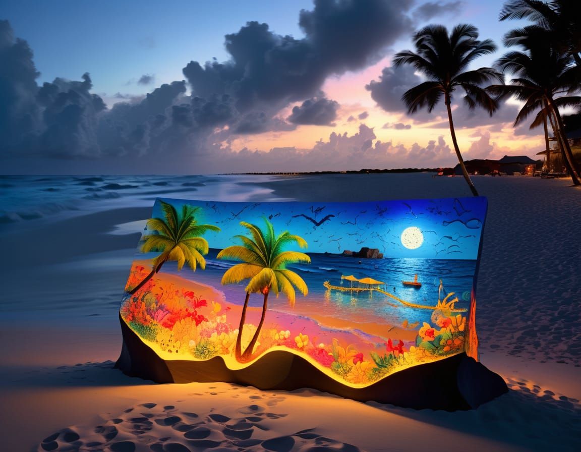 luminobabel  3D sculptural suprareal standalone graffito  by textile photographer "Marc Chagall" tropical beach twilight...