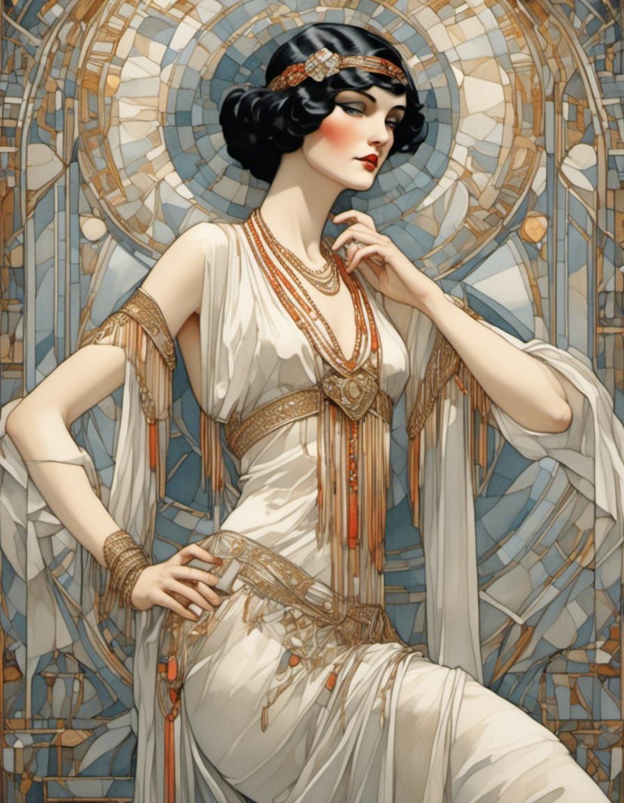 Art Deco Woman in Satin Girdle and Linen Tunic