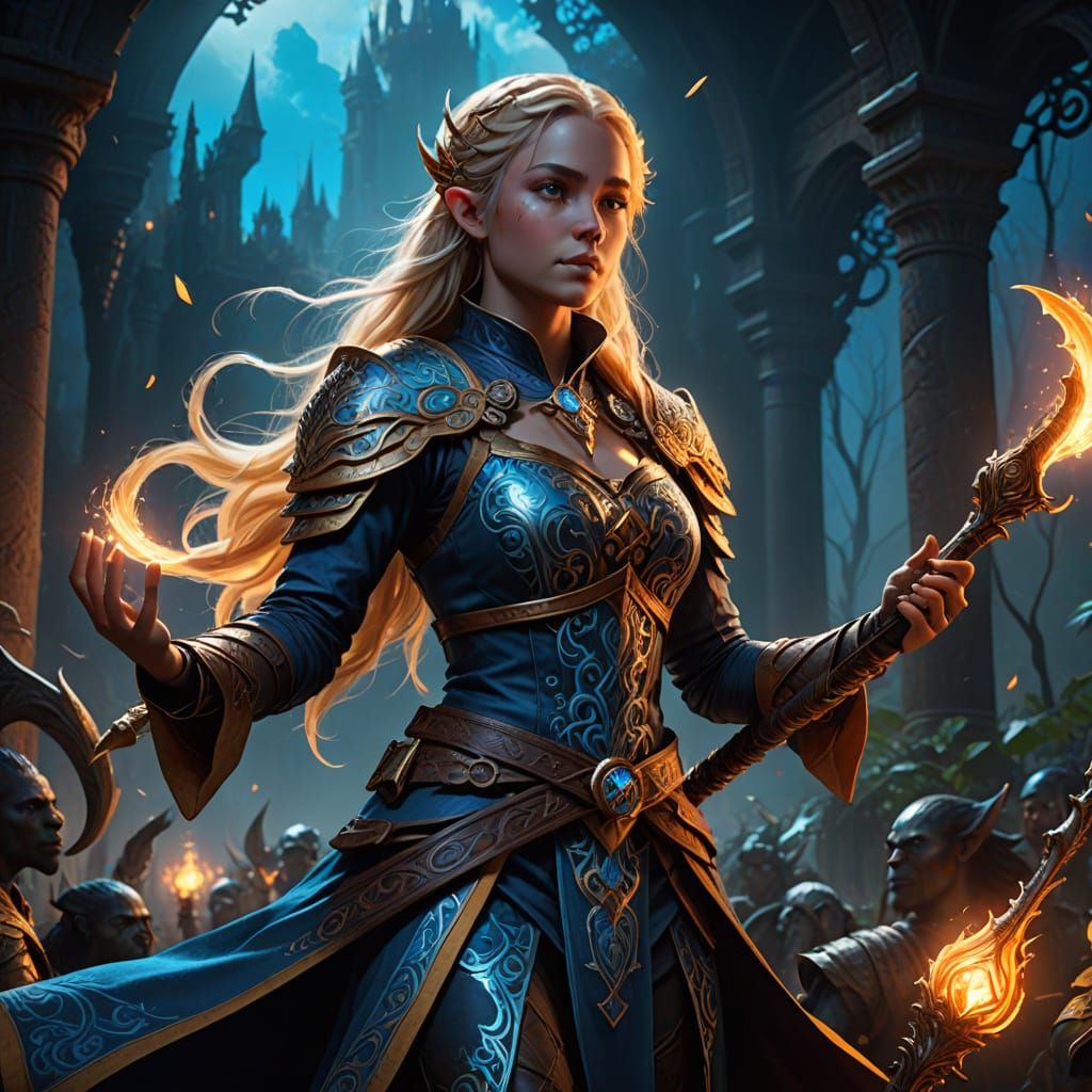 Ethereal Half-Elf Bard Performs Under Vibrant Skies