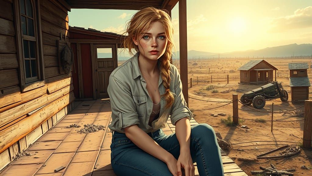 Post-Apocalyptic Woman on Porch in Comic Book Style