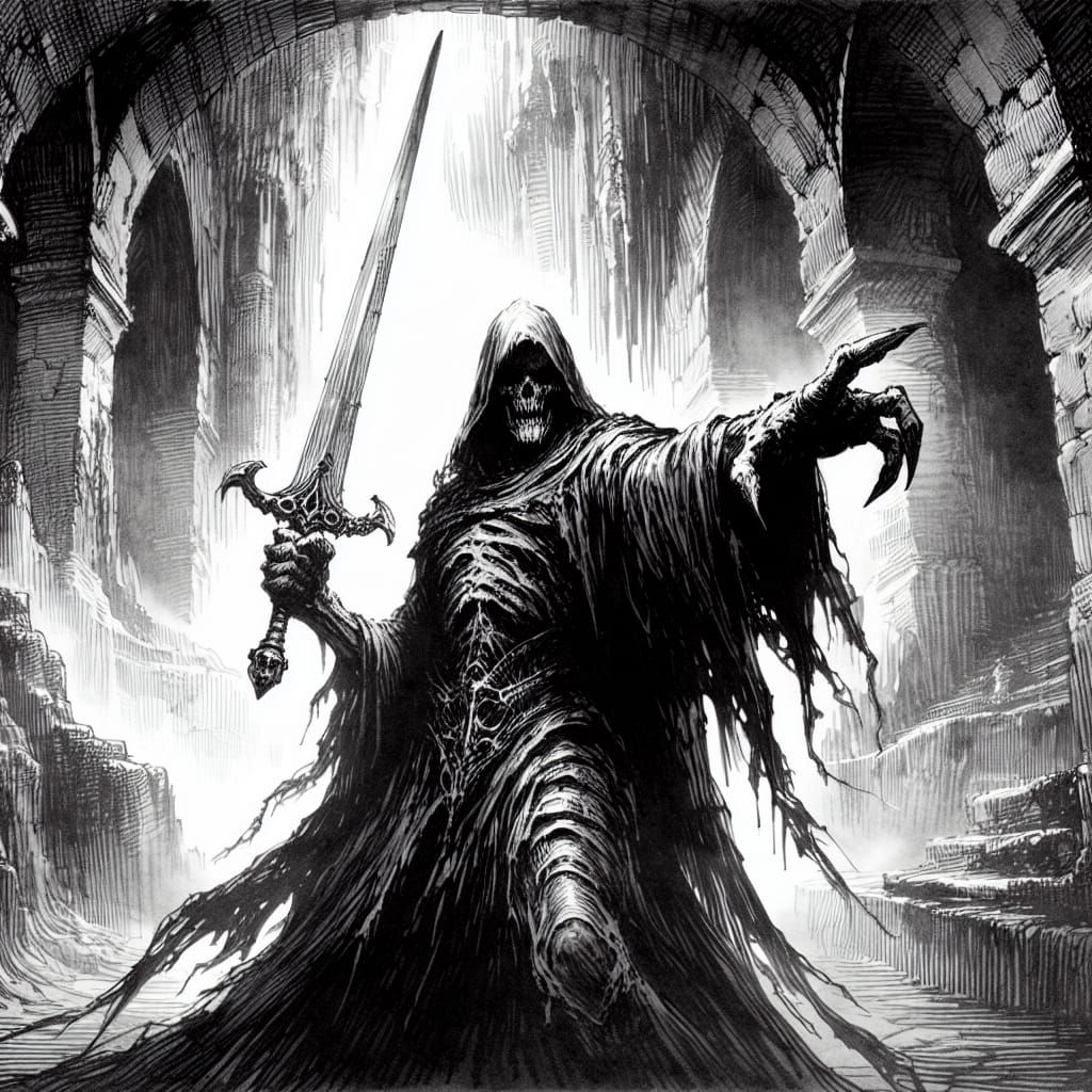 Ominous Subterranean Warrior Points Sword in Misty Dungeon