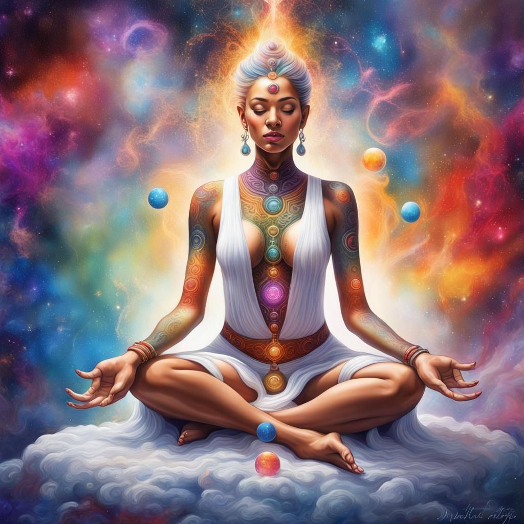 Goddess Meditating in Galaxy, Colorful Digital Art