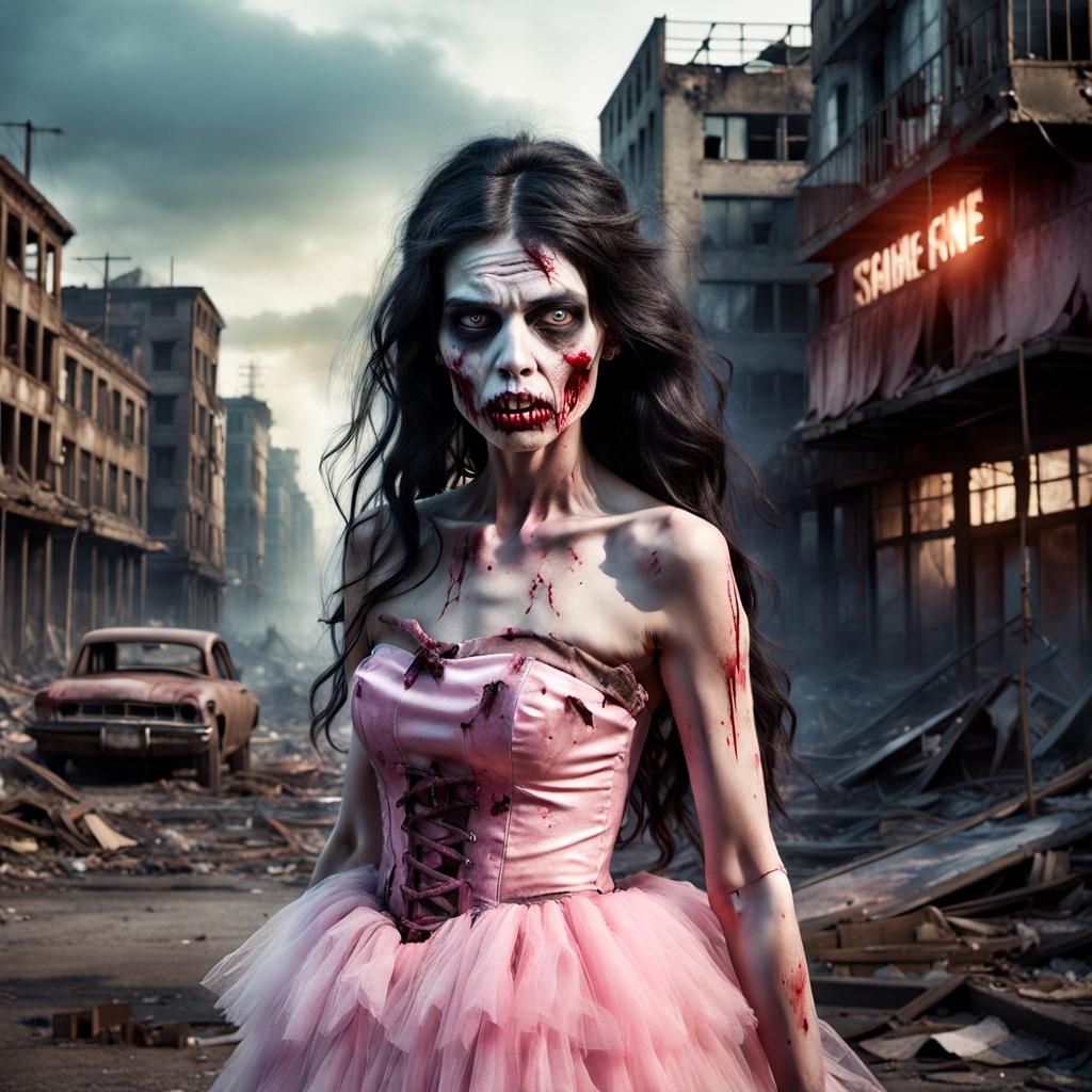 Gorgeous Zombie in Pink Tulle Dress: Hyperrealistic Fine Art