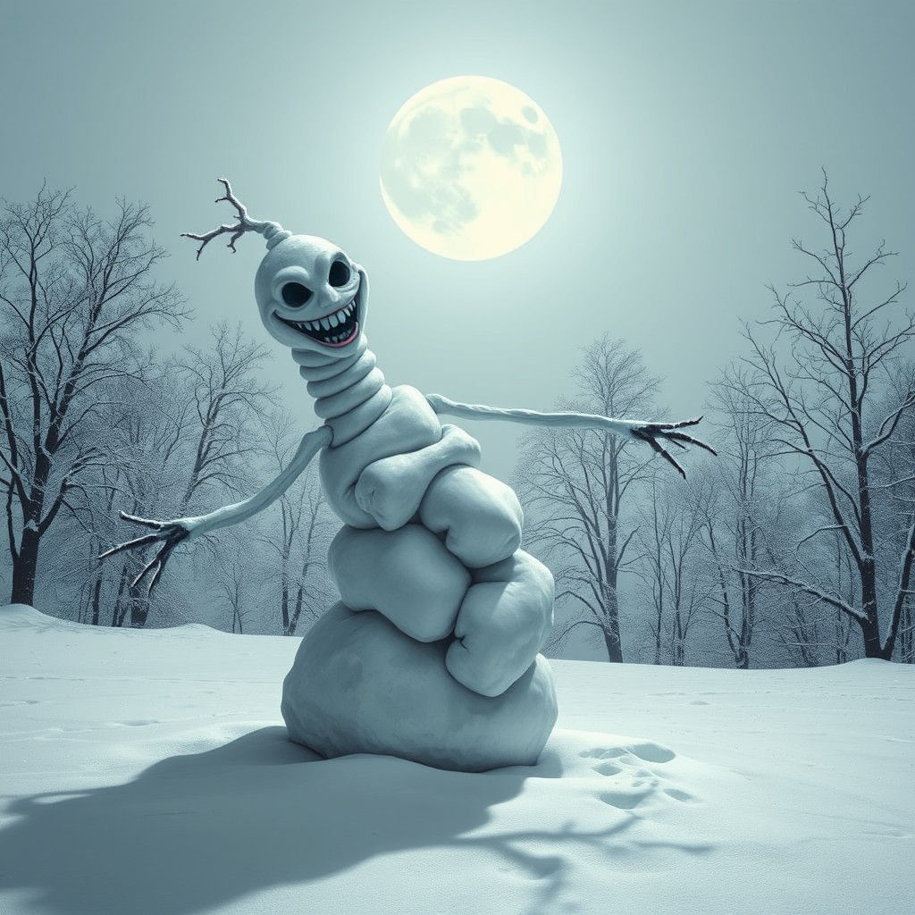 Menacing Snowman in Surreal Gothic Landscape
