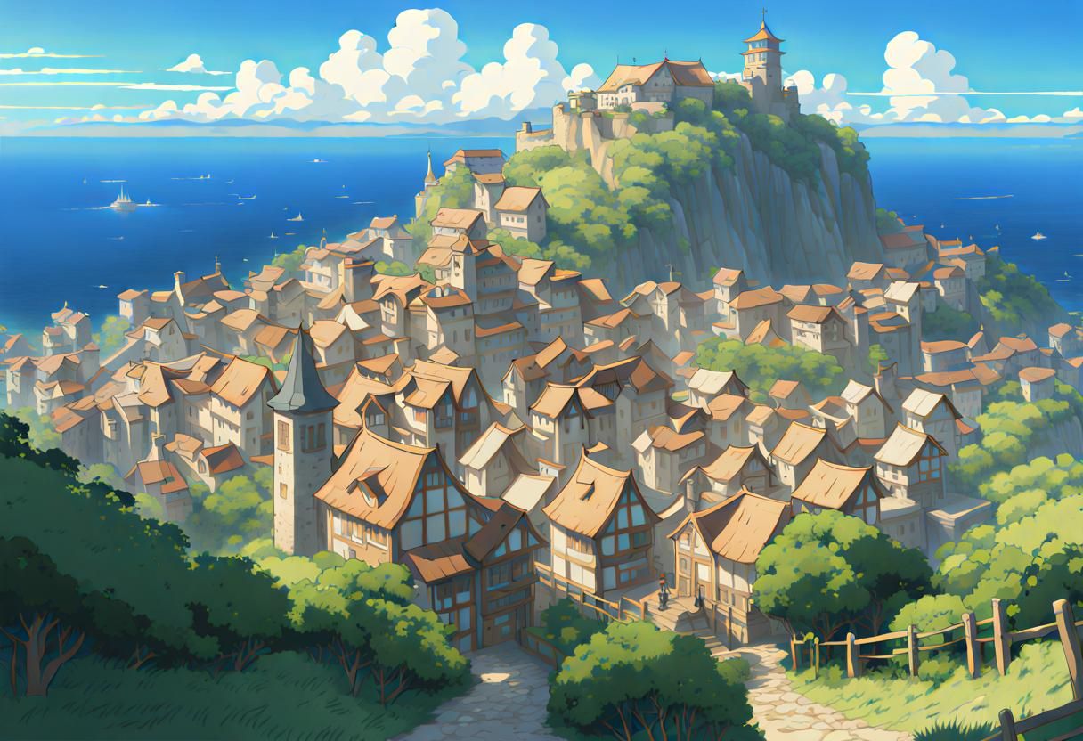 Picturesque Medieval Town in Anime Style