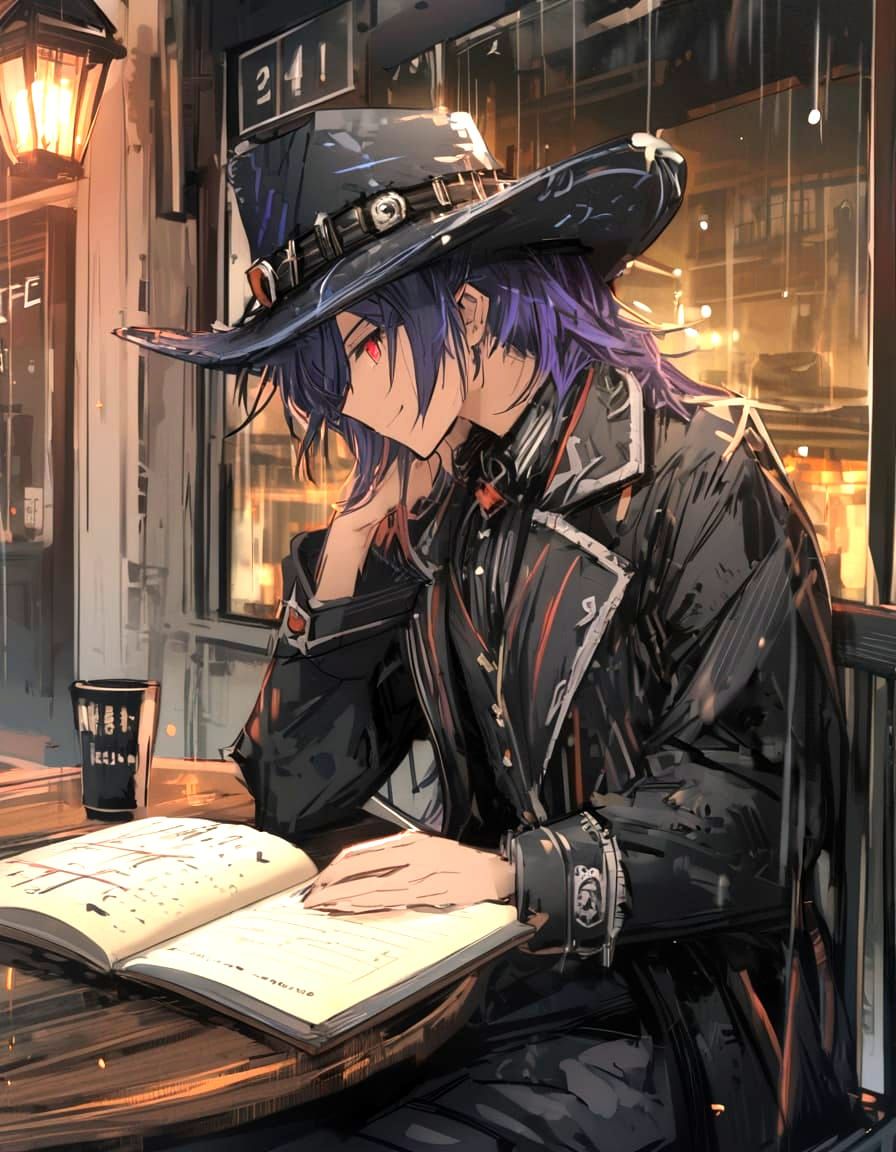 Boy Reads in Cafe on Rainy Evening