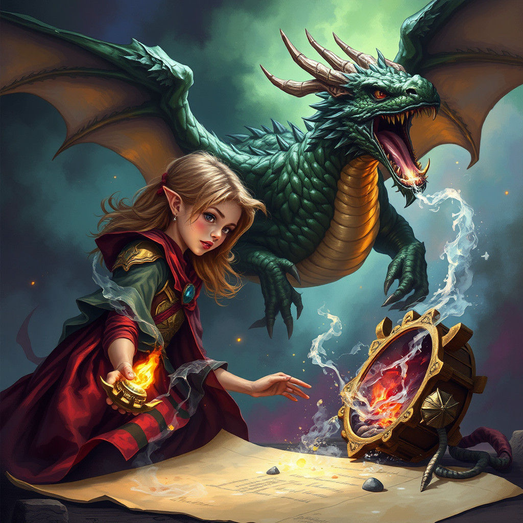 Sorceress Battles Dragon: Hyperrealistic Splash Art