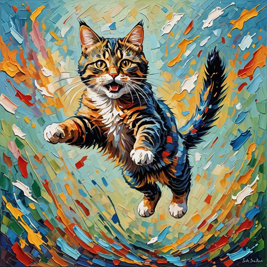 Cat Leaps from Expressionist Oil Painting