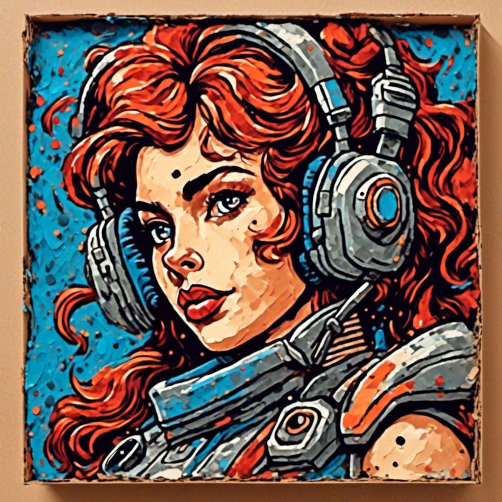 Retro-Futuristic Gamer Girl: Grungy Impasto Oil Painting