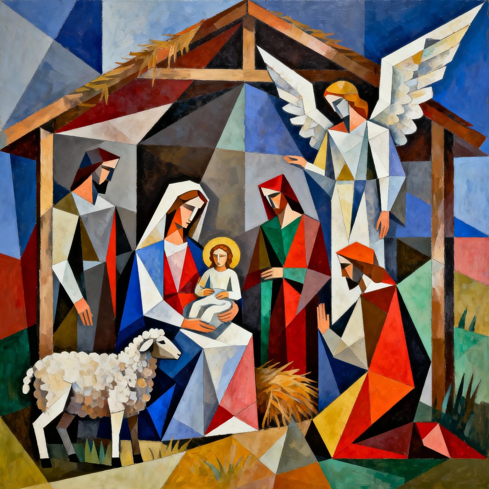 Abstract Cubist Nativity Scene with Holy Family and Angels