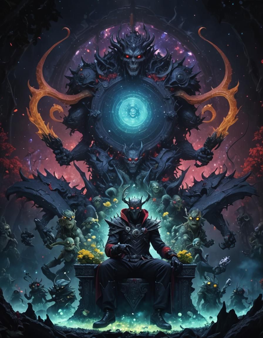 Demon King on Cosmic Altar in an Enchanted Garden