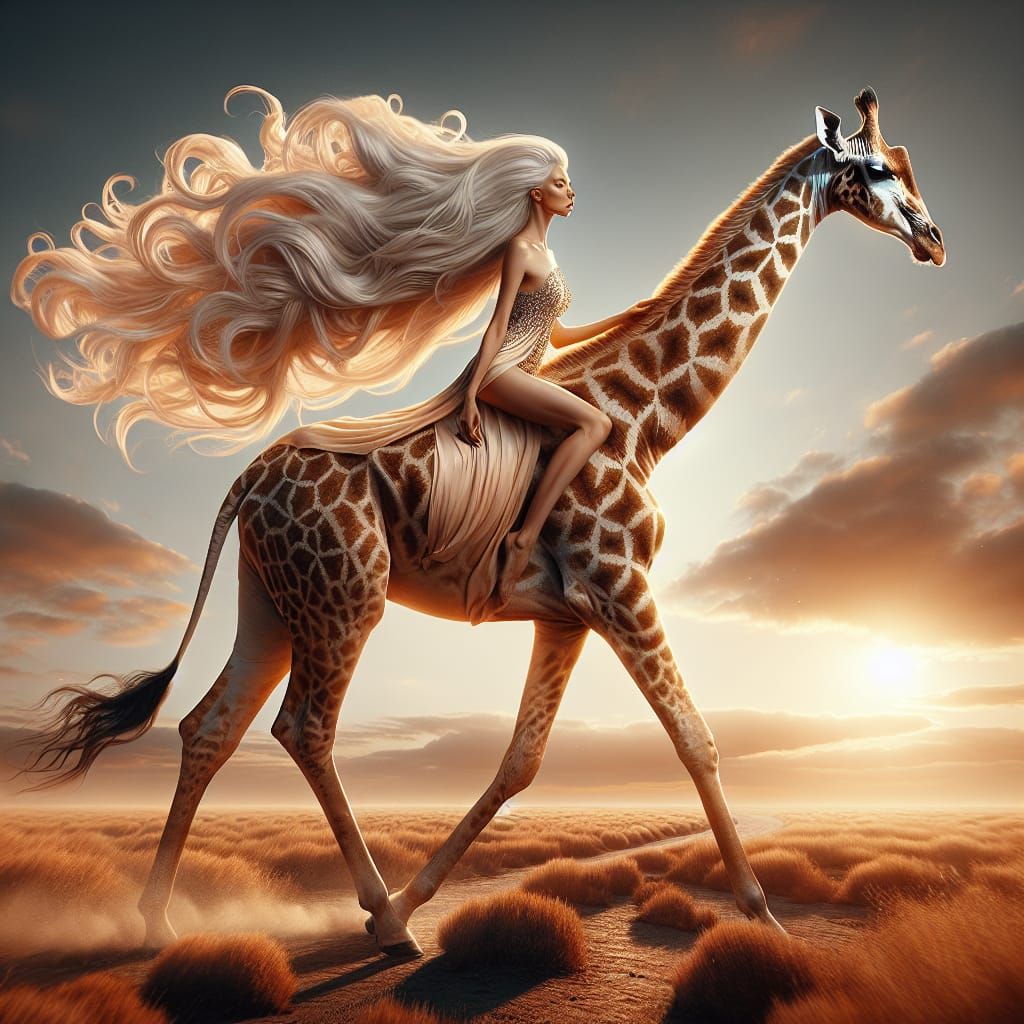 Elegant Woman Rides Giraffe on African Savannah