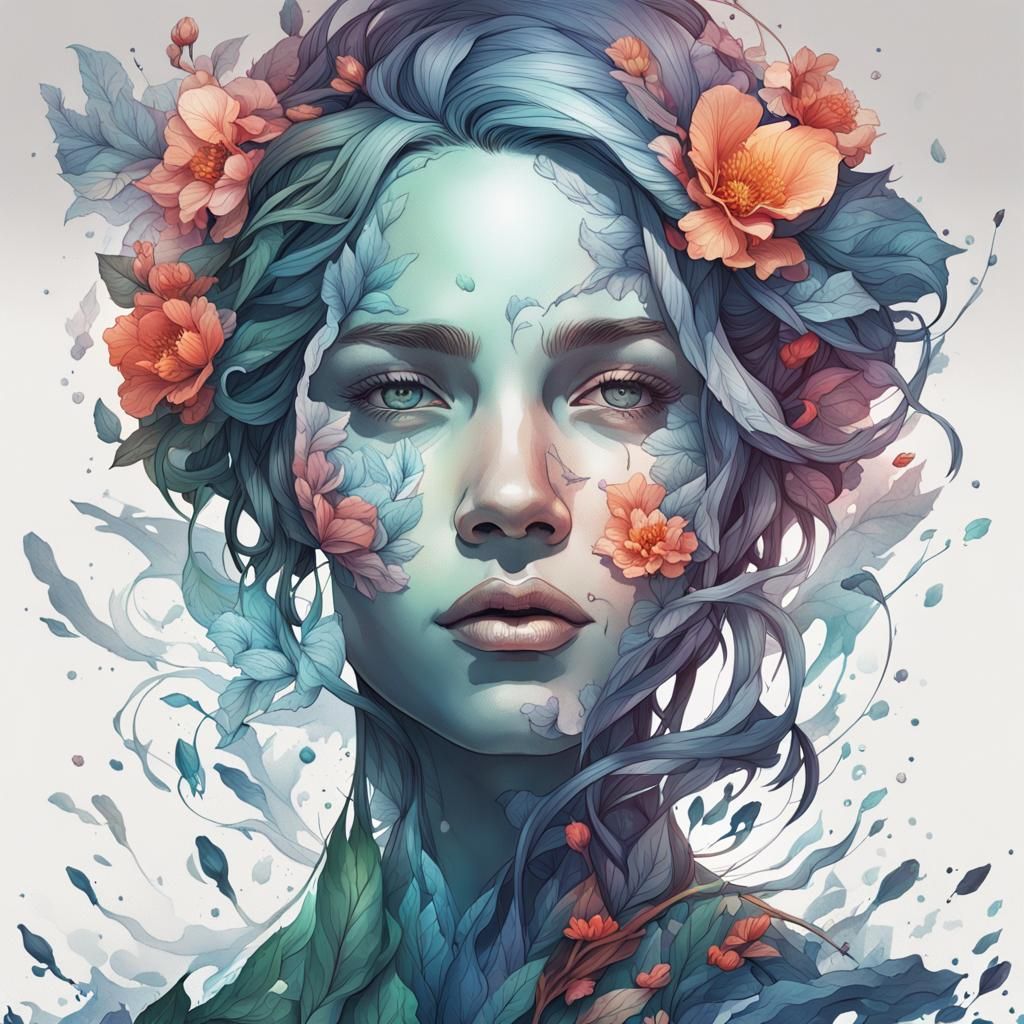 Detailed Botanical Ink Drawing Portrait