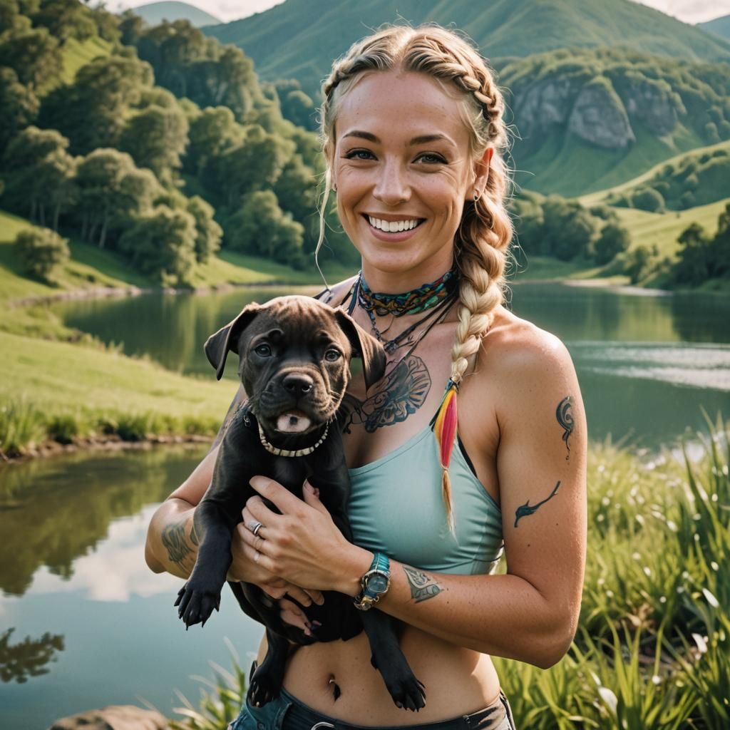 Smiling Woman with Puppy at Lake: Cinematic Film Still