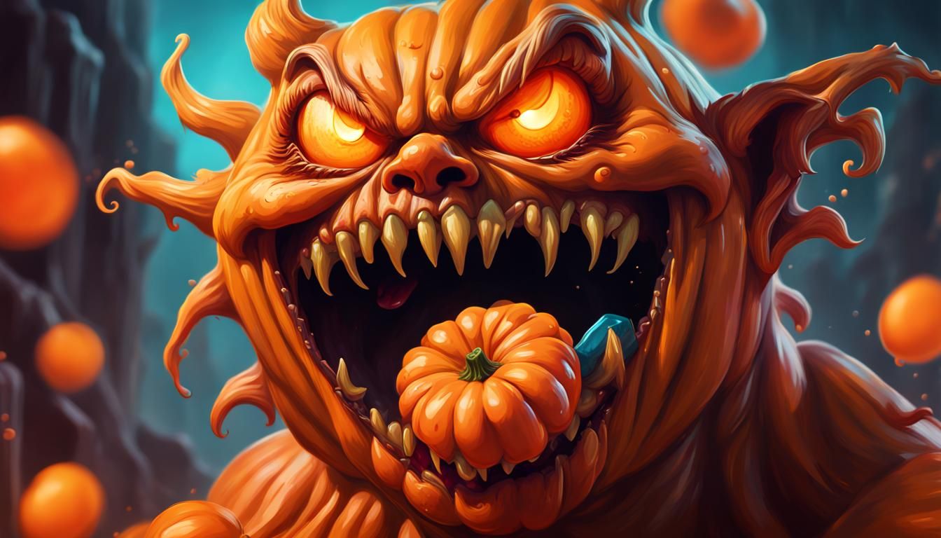 Hyperrealistic Orange Pumpkin Monster Eating Candy