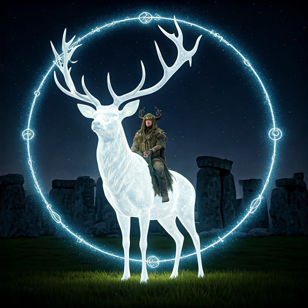 Druid and Stag at Stonehenge Under Starry Sky