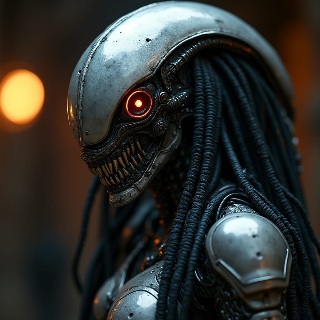 Menacing Alien Warrior in Sleek Metallic Exoskeleton