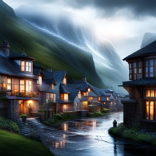 Rainy Terraced Houses in Mountainous Landscape