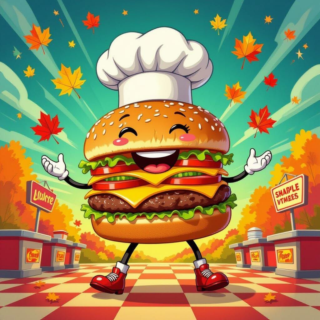 Cosmic Hamburger Chef Juggling Leaves in Psychedelic Diner