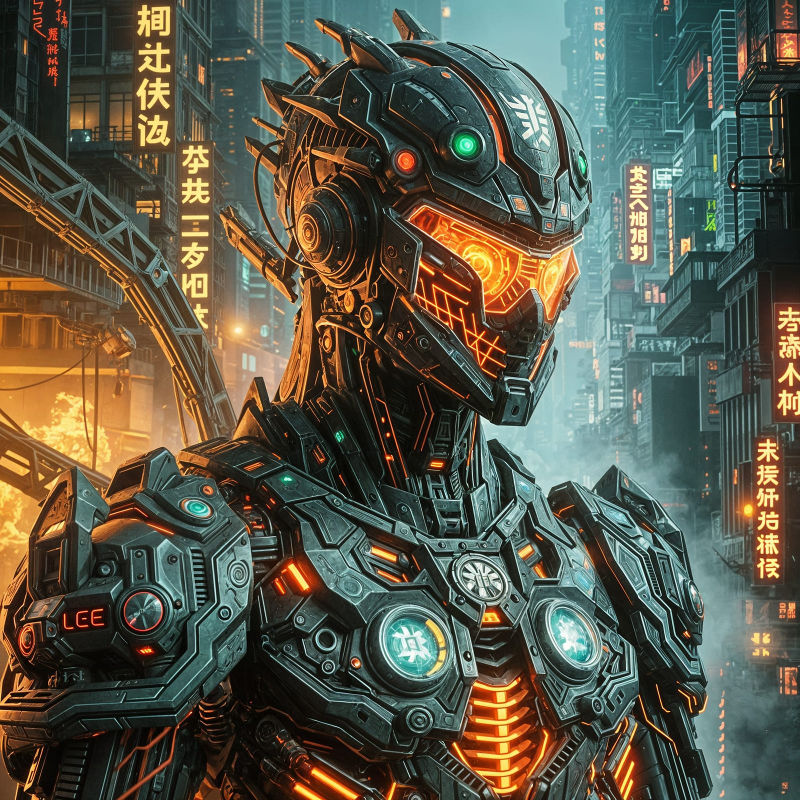 Colossal Neon Mech Portrait in Apocalyptic Cityscape
