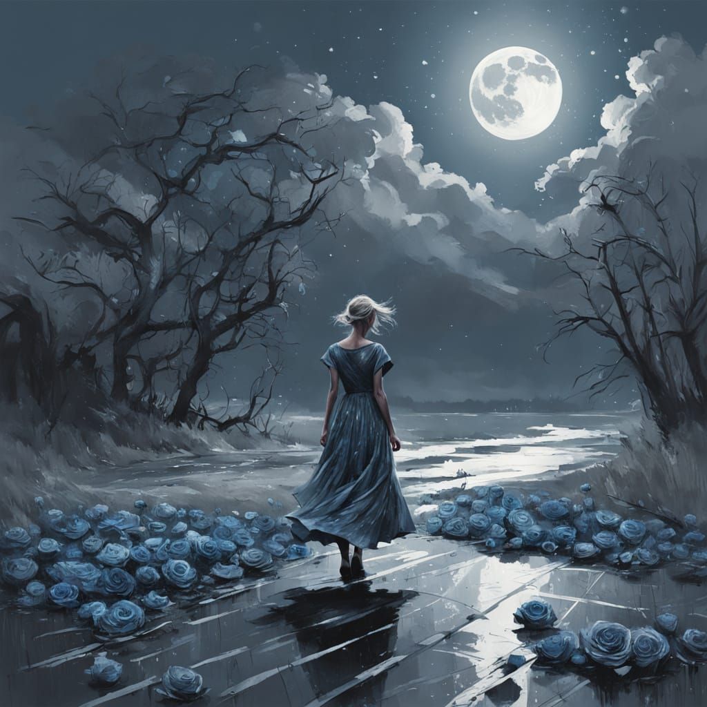 Luxurious Blue Roses Dance Across a Grey Atlas Dress Under a...