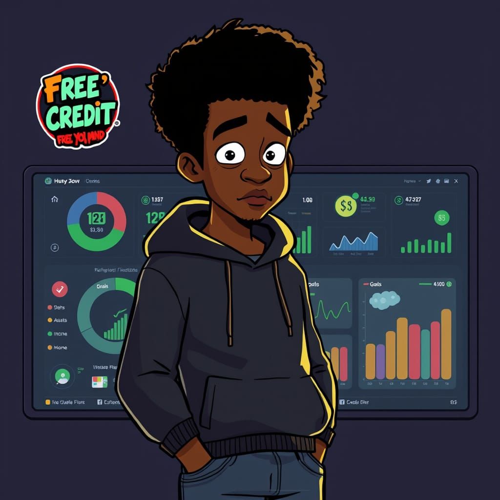 Young Man Reviews Financial Dashboard in Cyberpunk Style