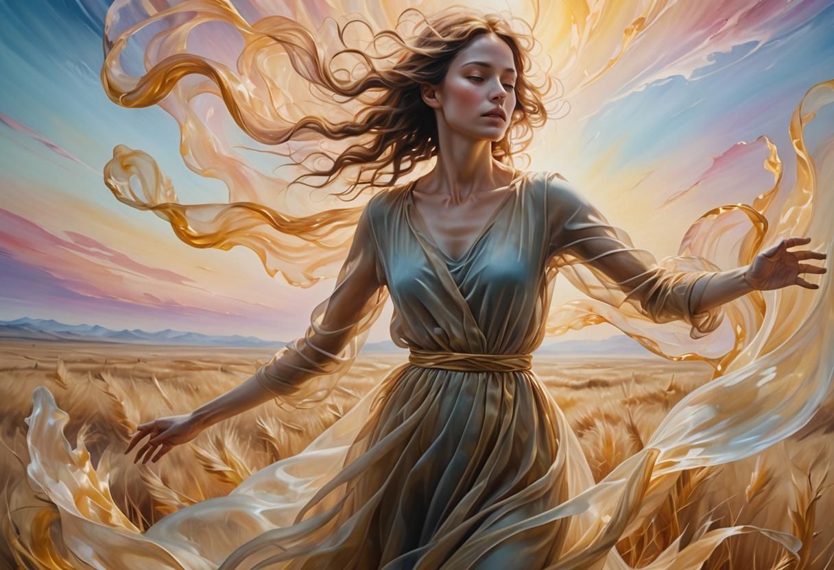 Translucent Figure Levitation in Surreal Oil Painting