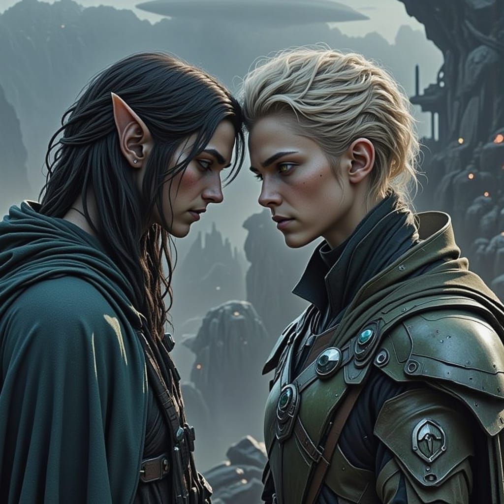 Sci-Fi Couple in Emotional Moment